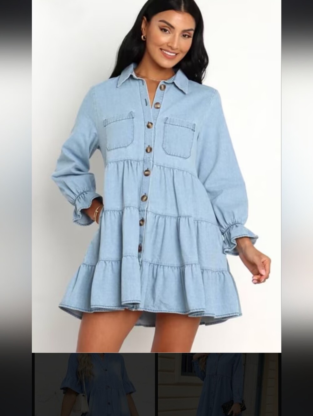 Petal & Pup Light Blue Denim Tiered Button-Front Dress